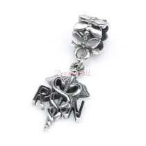 1x Antique 925 Sterling Silver Registered Nurse Logo Symbol Flower Dangle Bead for European Charm Bracelets