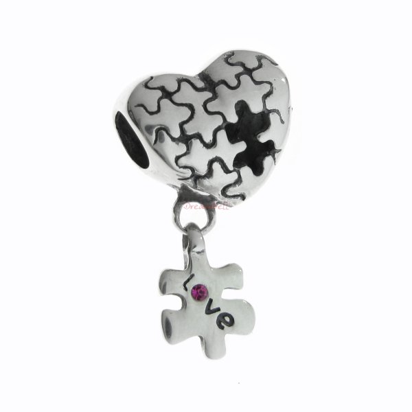 1x Antique 925 Sterling Silver Love Heart Puzzles Dangle Pink Crystal Bead for European Charm Bracelets
