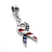 1x Antique 925 Sterling Silver USA Flag American Flag Patriotic Ribbon Red Blue White Enamel Dangle Bead for European Charm Bracelets