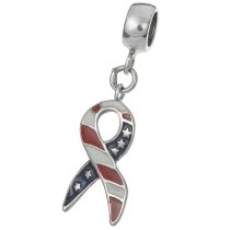 1x Antique 925 Sterling Silver USA Flag American Flag Patriotic Ribbon Red Blue White Enamel Dangle Bead for European Charm Bracelets