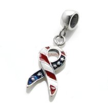 1x Antique 925 Sterling Silver USA Flag American Flag Patriotic Ribbon Red Blue White Enamel Dangle Bead for European Charm Bracelets