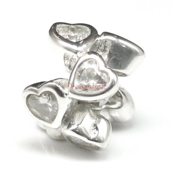 1x 925 Sterling Silver White CZ Heart Hearts Bead for European Charm Bracelets
