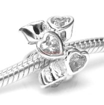 1x 925 Sterling Silver White CZ Heart Hearts Bead for European Charm Bracelets