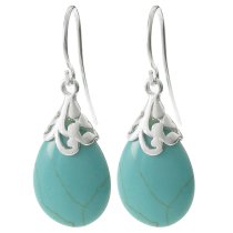 2x Sterling Silver Flower Bail Teardrop Turquoise Charm Dangle French Hook Earwire Earring