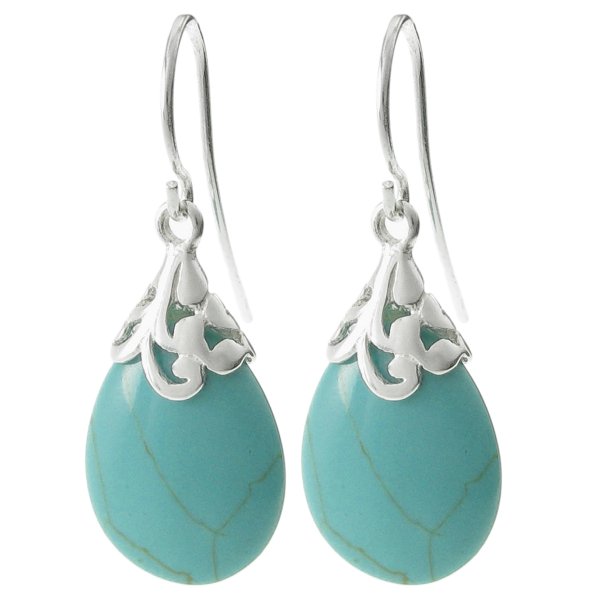 2x Sterling Silver Flower Bail Teardrop Turquoise Charm Dangle French Hook Earwire Earring