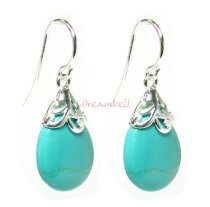 2x Sterling Silver Flower Bail Teardrop Turquoise Charm Dangle French Hook Earwire Earring