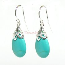 2x Sterling Silver Flower Bail Teardrop Turquoise Charm Dangle French Hook Earwire Earring
