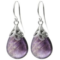 2x Sterling Silver Flower Bail Teardrop Amethyst Charm Dangle French Hook Earwire Earring