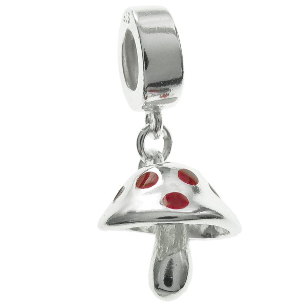 925 Sterling Silver Red Enamel Fairy Tale Mushroom Dangle Bead for European Charm Bracelets