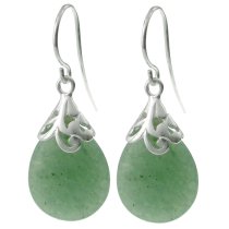 2x Sterling Silver Flower Bail Teardrop Aventurine Charm Dangle French Hook Earwire Earring