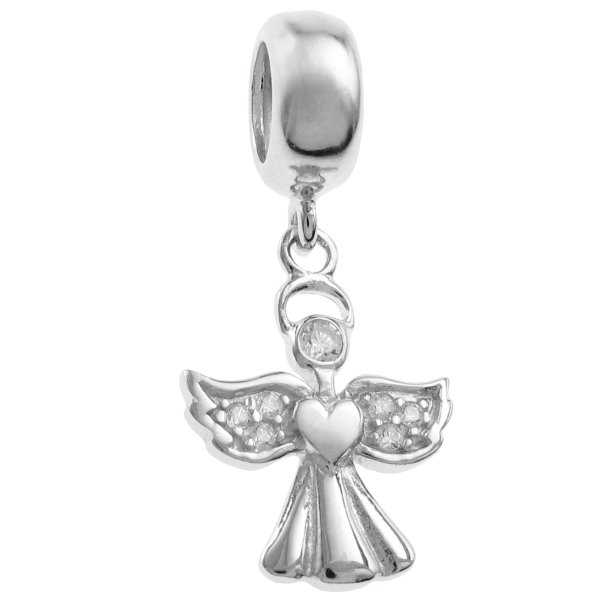 925 Sterling Silver Clear CZ Angel Dangle Bead for European Charm Bracelets