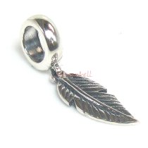 925 Sterling Silver Feather Dangle Bead for European Charm Bracelets