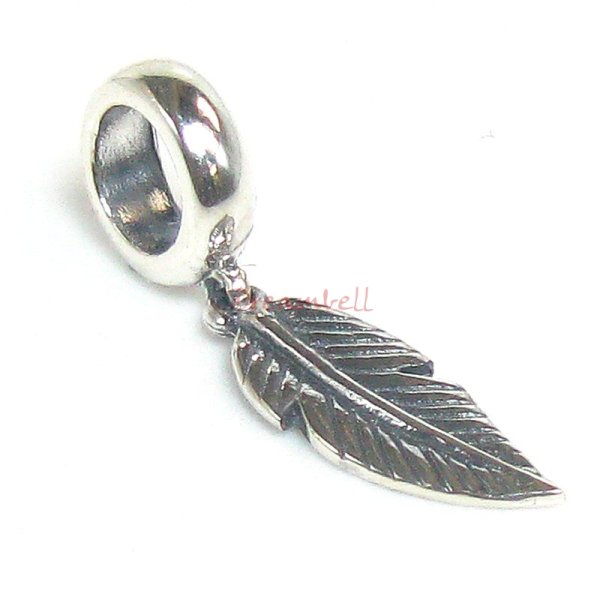 925 Sterling Silver Feather Dangle Bead for European Charm Bracelets