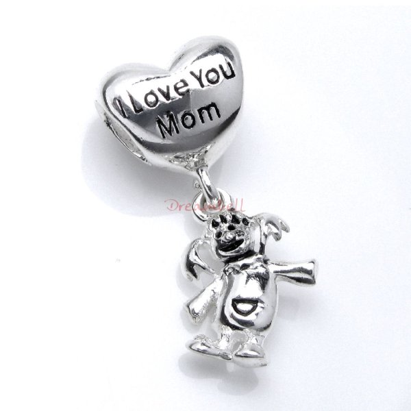 1x Antique 925 Sterling Silver Daughter Loves Mom Heart Dangle Bead for European Charm Bracelets