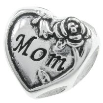 1x Antique 925 Sterling Silver Mom Heart Bead for European Charm Bracelets