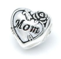1x Antique 925 Sterling Silver Mom Heart Bead for European Charm Bracelets