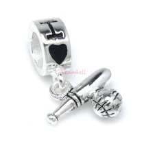 Antique 925 Sterling Silver I Love Baseball Dangle Bead for European Charm Bracelets