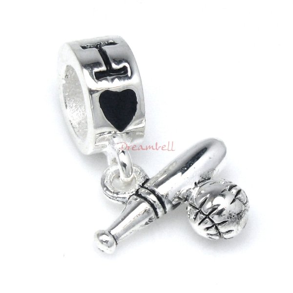 Antique 925 Sterling Silver I Love Baseball Dangle Bead for European Charm Bracelets