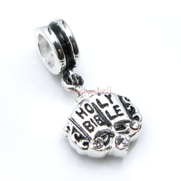 Antique 925 Sterling Silver Holy Bible Clear CZ Dangle Bead for European Charm Bracelets