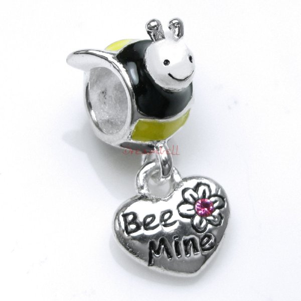 Antique 925 Sterling Silver Honey Bee Mine Enamel Pink CZ Crystal Dangle Bead for European Charm Bracelets
