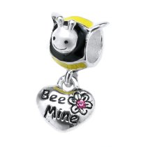 Antique 925 Sterling Silver Honey Bee Mine Enamel Pink CZ Crystal Dangle Bead for European Charm Bracelets