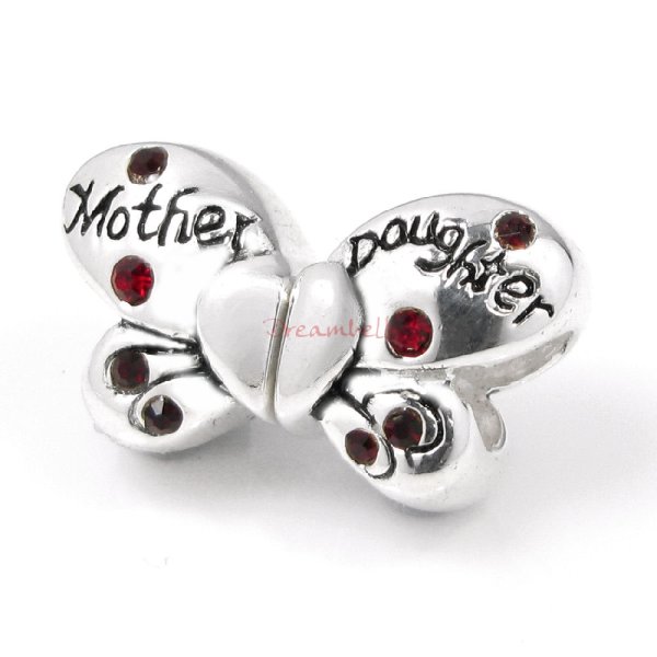 1 Set 925 Sterling Silver Butterfly Mother and Daughter Love Red CZ Crystal Bead for European Charm Bracelets