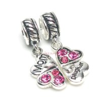 1 Set Sterling Silver Daughter Mother Love Heart Pink CZ Clover Dangle Pendant Bead for European Charm Bracelets