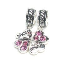 1 Set Sterling Silver Daughter Mother Love Heart Pink CZ Clover Dangle Pendant Bead for European Charm Bracelets