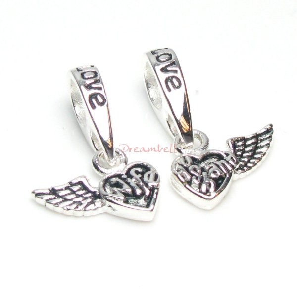 1 Set 925 Sterling Silver Wing Wife and Husband Forever Love Heart Dangle Bead for European Charm Bracelets