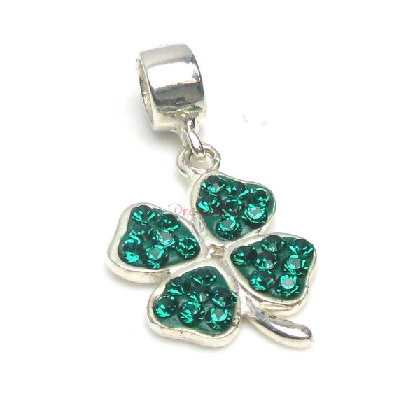 1x 925 Sterling Silver Green CZ Crystal 4 Leaf Lucky Clover Dangle Charm Pendant for European Charm Bracelets