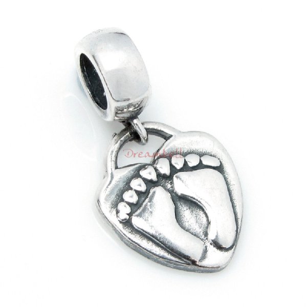 925 Sterling Silver Dangle Footprint Heart Pendant Bead for European Charm Bracelets