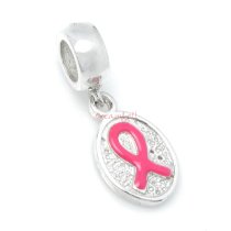 Sterling Silver Pink Ribbon Breast Cancer Awareness Dangle Enamel Pendant Bead for European Charm Bracelets