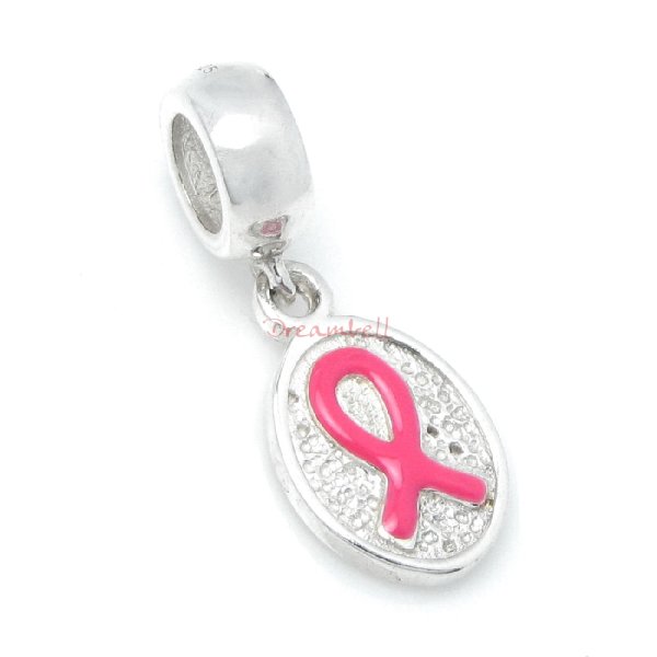 Sterling Silver Pink Ribbon Breast Cancer Awareness Dangle Enamel Pendant Bead for European Charm Bracelets