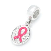 Sterling Silver Pink Ribbon Breast Cancer Awareness Dangle Enamel Pendant Bead for European Charm Bracelets