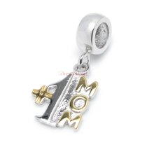14k Gold Over 925 Sterling Silver Best Mom Dangle Bead for European Charm Bracelets