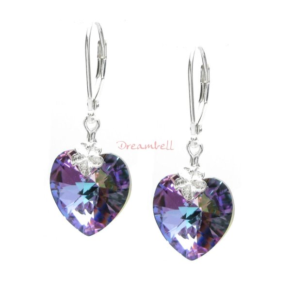 2x Sterling Silver Heart Vitrail Light Crystal Leverback Dangle Earrings Using Swarovski Elements