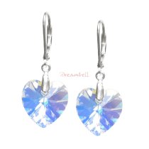 2x Sterling Silver Heart Clear AB Crystal Leverback Dangle Earrings Using Swarovski Elements Crystal