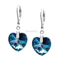 2x Sterling Silver Heart Bermuda Blue Crystals Leverback Dangle Earrings Using Swarovski Elements Crystal