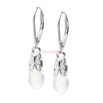 2x Sterling Silver Teardrop Briolette White Opal Crystals Leverback Dangle Earrings Using Swarovski Elements