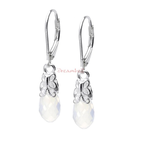 2x Sterling Silver Teardrop Briolette White Opal Crystals Leverback Dangle Earrings Using Swarovski Elements