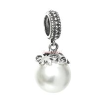 Sterling Silver Round White Sea Shell Pearl Dangle Pendant Bead for European Charm Bracelets