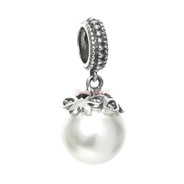 Sterling Silver Round White Sea Shell Pearl Dangle Pendant Bead for European Charm Bracelets