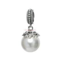 Sterling Silver Round White Sea Shell Pearl Dangle Pendant Bead for European Charm Bracelets