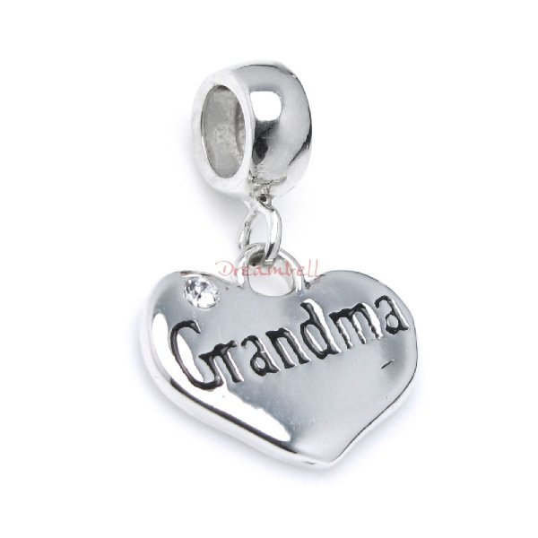 925 Sterling Silver Love Grandma Family Heart Dangle CZ Crystal Pendant Bead for European Charm Bracelets