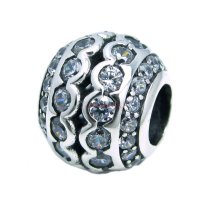 925 Sterling Silver Round Enthic Flower Pattern Clear CZ Crystal Bead for European Charm Bracelets