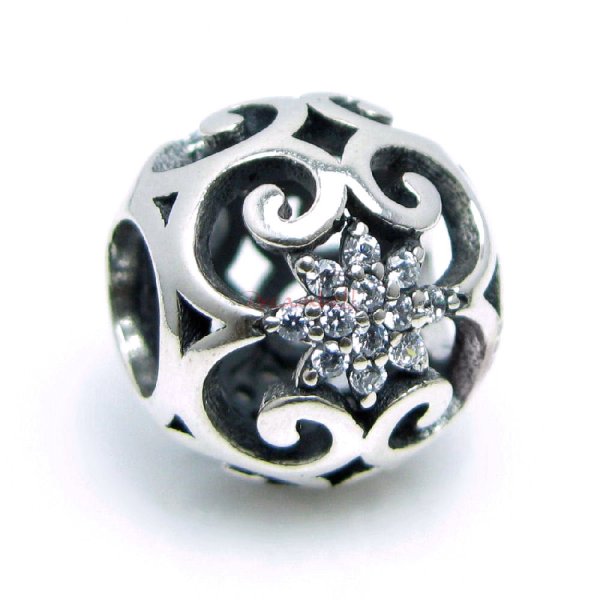 925 Sterling Silver Round Bali Enthic Flower Clear CZ Bead for European Charm Bracelets