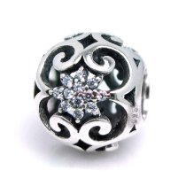 925 Sterling Silver Round Bali Enthic Flower Clear CZ Bead for European Charm Bracelets