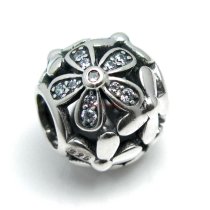 925 Sterling Silver Round Wild Flower Blossom Clear CZ Crystal Bead for European Charm Bracelets