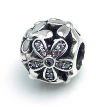 925 Sterling Silver Round Wild Flower Blossom Clear CZ Crystal Bead for European Charm Bracelets