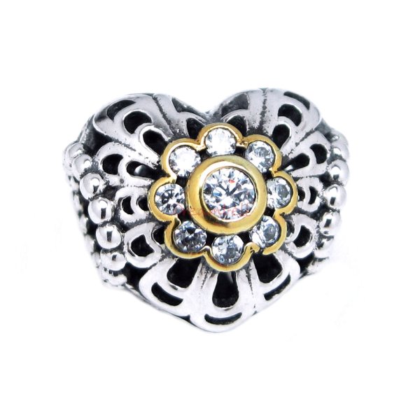 1x 14k Gold Over 925 Sterling Silver Love Heart Valentine Clear CZ Crystal Bead for European Charm Bracelets
